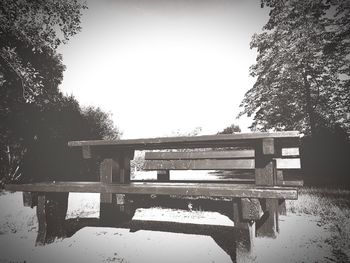 Empty bench in park against clear sky