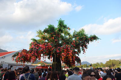 Group of people by tree against sky