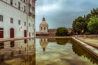 Buildings reflecting on pool