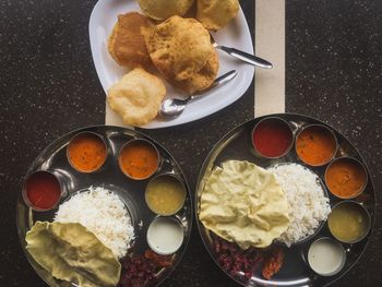 High angle view of breakfast served on table