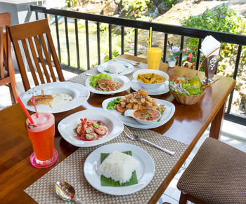 High angle view of meal served on table