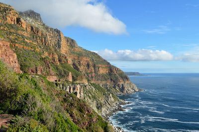 Scenic view of rocky mountains and sea against sky