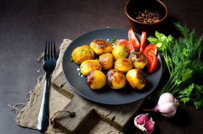 High angle view of food in plate on table