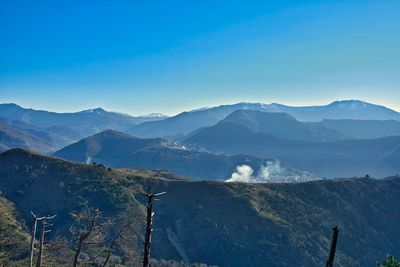 Scenic view of mountains against clear blue sky