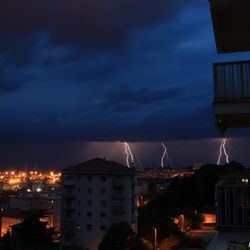 Illuminated cityscape against dramatic sky at night