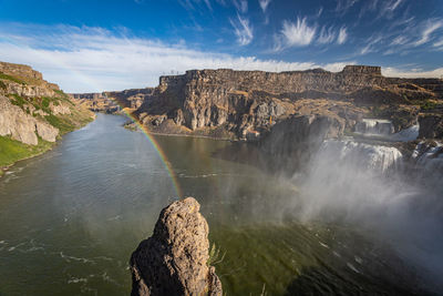 Scenic view of waterfall against sky