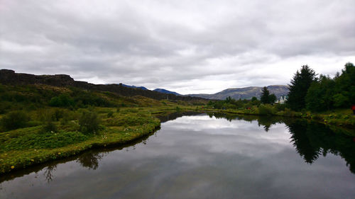 Scenic view of lake by trees against sky