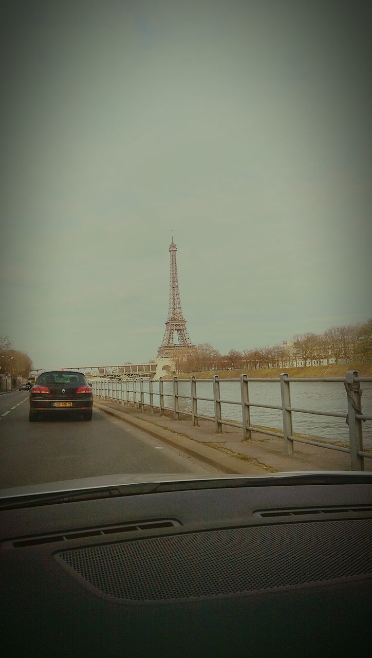 transportation, sky, clear sky, built structure, architecture, road, copy space, connection, railing, mode of transport, railroad track, rail transportation, bridge - man made structure, travel, land vehicle, public transportation, outdoors, no people, car, auto post production filter