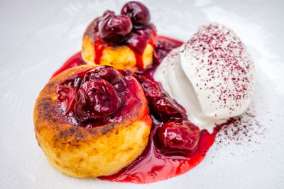 Close-up of cake served on table