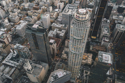 High angle view of modern buildings in city