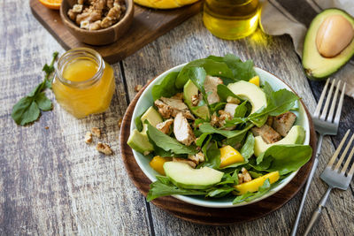 High angle view of food in bowl on table