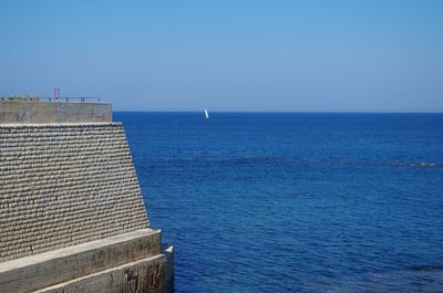 Scenic view of sea against clear blue sky