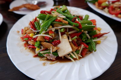 High angle view of salad in plate on table