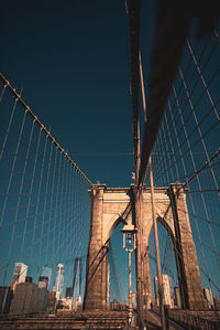 Low angle view of suspension bridge against sky