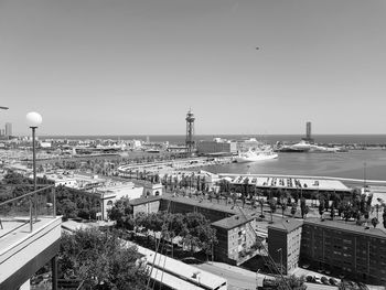 High angle view of buildings against clear sky