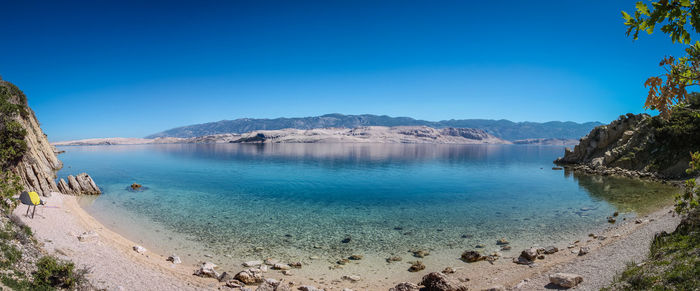 Panoramic view of bay against clear blue sky