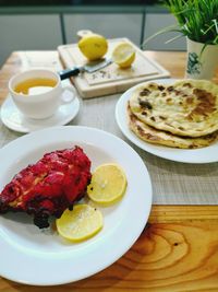 High angle view of breakfast served on table