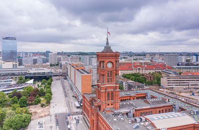 High angle view of buildings in city