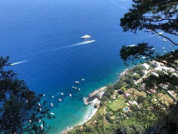 High angle view of sailboats on beach