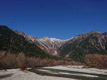 Scenic view of mountains against clear blue sky