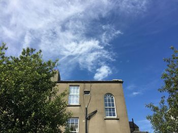 Low angle view of tree and building against sky