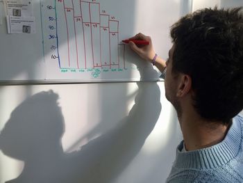 Close-up of man writing on whiteboard