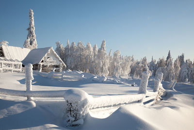 Panoramic view of snow covered landscape against clear sky