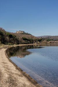 Scenic view of lake against clear sky