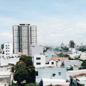 High angle view of buildings against sky