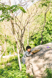 Portrait of young woman sitting on rock