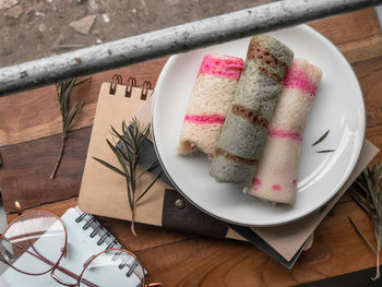 High angle view of cake in plate on table