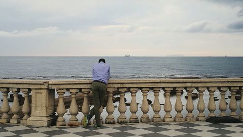 Rear view of man standing by sea against sky