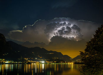 Panoramic view of illuminated trees against sky at night