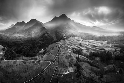 Panoramic view of landscape and mountains against sky