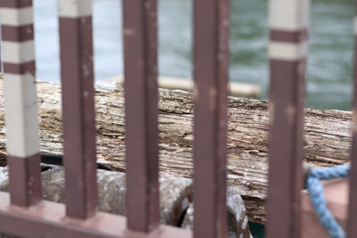 Close-up of wooden posts on beach