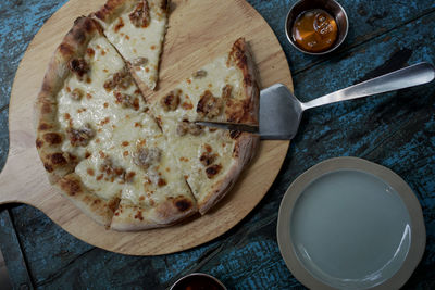 High angle view of pizza on table