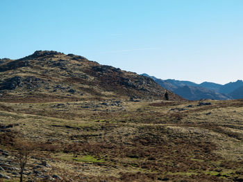 Scenic view of mountains against clear blue sky