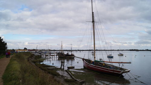 Sailboats moored at harbor against sky