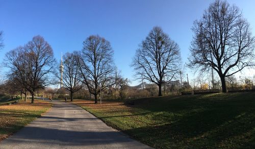 Road amidst bare trees against sky