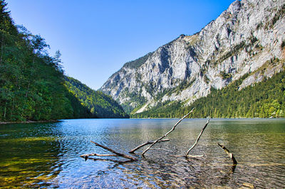 Scenic view of lake and mountains against sky