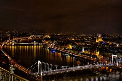 Budapest view from gellert hill and bridge over river at night