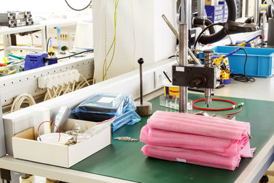 Close-up of machinery on table in factory