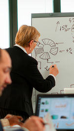 Rear view of businesswoman drawing on whiteboard