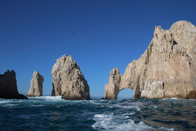 Rocks in sea against clear blue sky