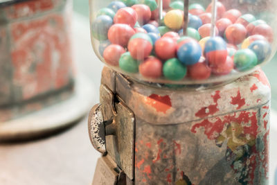 Close-up of multi colored candies in jar