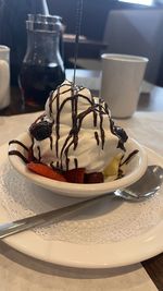 Close-up of dessert in plate on table