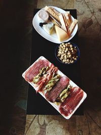 High angle view of breakfast served on table