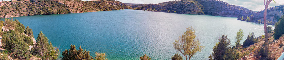 High angle view of reservoir and mountains