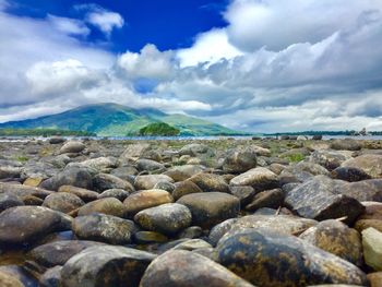 Surface level of pebble beach against sky