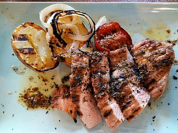 High angle view of meat on the table